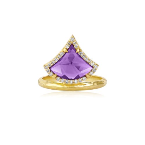 Trigon Amethyst and diamond Ring in18ct gold