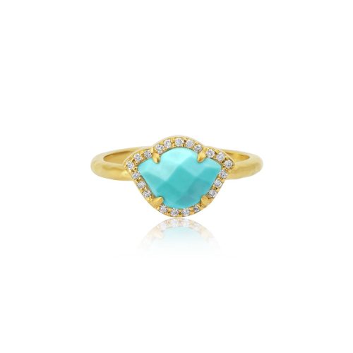 Turquoise & Diamond Lotus Ring In 18Kt Yellow Gold