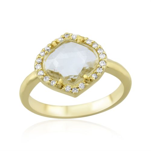 White Topaz and Diamond Studded Ring in 18KT Gold