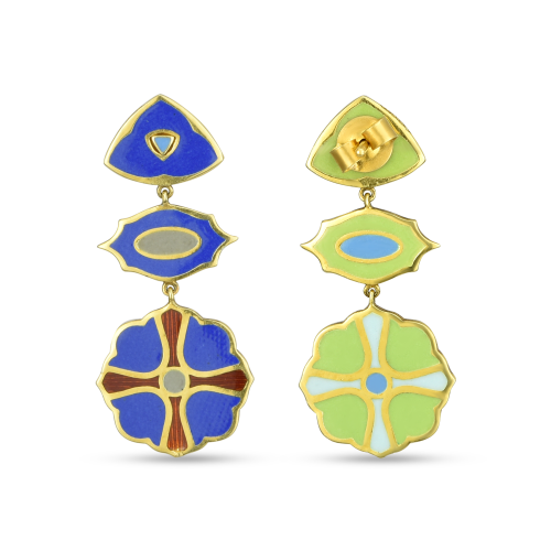 Blue & Green Enamel Reversible Earring In 18 Kt Gold