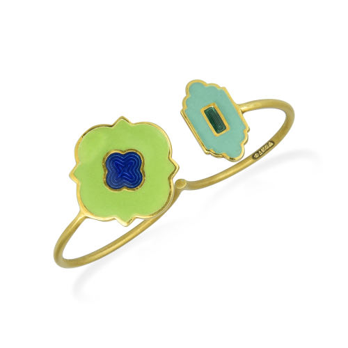 Blue & Green Enamel Two Finger Ring In 18Kt Gold