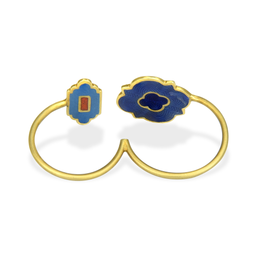 Blue & Green Enamel Two Finger Ring In 18Kt Gold