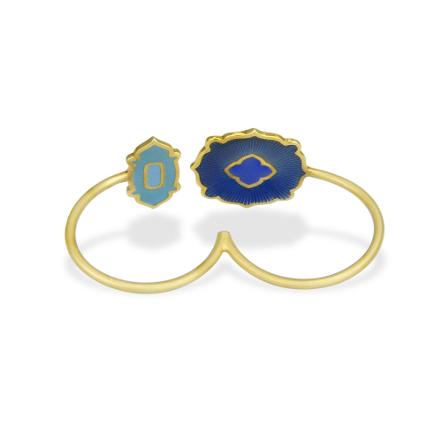Blue & Red Enamel Two Finger Ring In 18Kt Gold