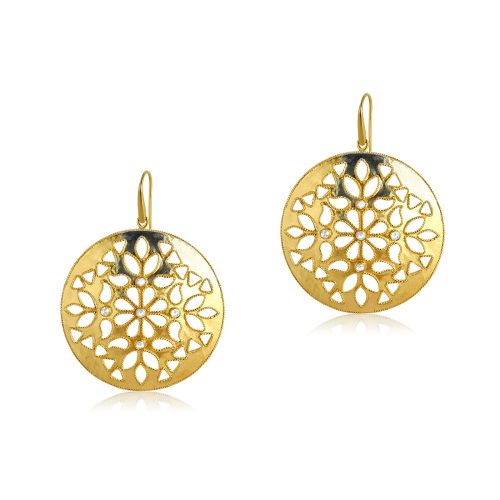 Filigree diamond disk earrings in 18KT gold